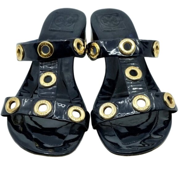 TORY BURCH~Kathryn Grommet~BLUE PATENT LEATHER MID HEIGHT BLOCK HEEL SHOES SZ 11 - Picture 2 of 8